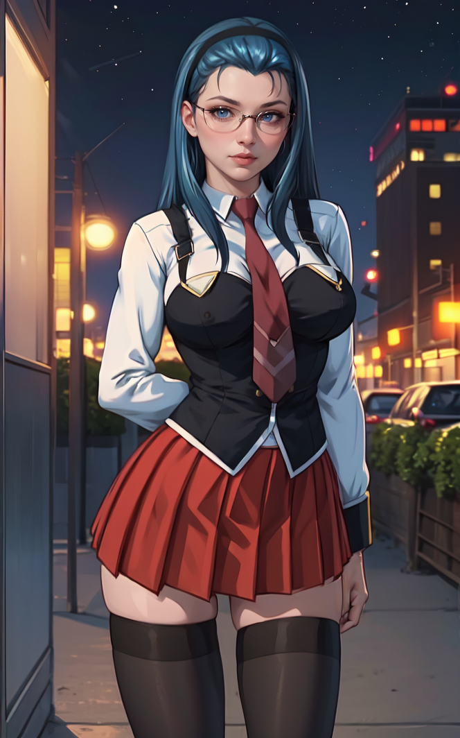 00243-darksun_v7b-2024-01-01-SchoolUniform_JunkoMochida_ownwaifu, night,__1girl, blue hair, long hair, glasses, hairband, large breasts, blue eyes, __school.png